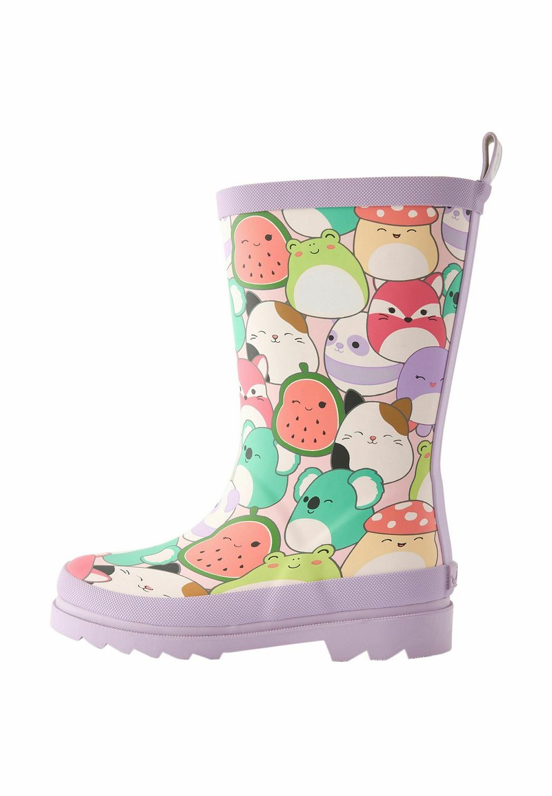 Stivale viola con un motivo giocoso di animali e frutta, realizzato in materiale impermeabile. Presenta una suola testurizzata e una linguetta sul retro.
