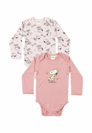 Two long-sleeve baby bodysuits: one light pink with all-over Snoopy and hearts print, the other darker pink with Snoopy and Woodstock "Cuddle time" design.