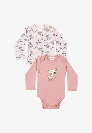 Two long-sleeve baby bodysuits: one light pink with all-over Snoopy and hearts print, the other darker pink with Snoopy and Woodstock "Cuddle time" design.