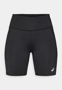 Μαύρο αθλητικό σορτς από λείο, ελαστικό ύφασμα, με ψηλή μέση, εφαρμοστή σχεδίαση και χαρακτηριστική λευκή λεπτομέρεια λογότυπου στο πλάι.