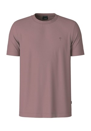Mauve-farbenes kurzärmeliges Baumwoll-T-Shirt mit Rundhalsausschnitt und kleinem besticktem Logo auf der linken Brustseite.