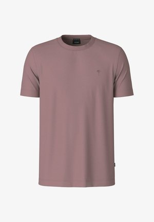 Camiseta de algodón color malva de manga corta con cuello redondo y pequeño logo bordado en el pecho izquierdo.