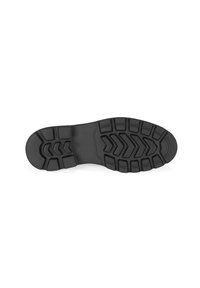 Zwarte rubberen zool met een gestructureerd loopvlakpatroon. Heeft diepe groeven en een ronde teen voor grip en stabiliteit.