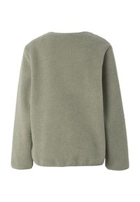 Pull polaire manches longues vert sauge avec un tissu texturé et doux, vu de dos sur fond blanc.