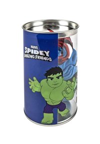 Cilindro di stoccaggio in metallo con sfondo blu, design del cartone animato Hulk in verde, con il testo "Marvel Spidey Amazing Friends".