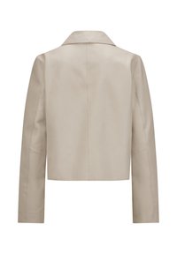 Beige Lederjacke mit Reverskragen, kurzer Silhouette und langen Ärmeln. Verfügt über saubere Nähte und eine glatte Textur.