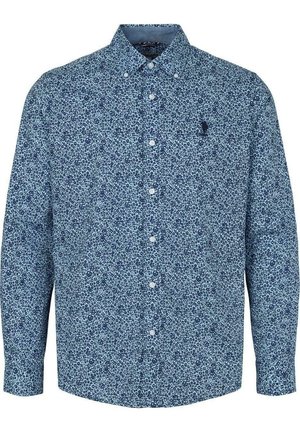 Chemise bleue à manches longues avec boutons, ornée d'un petit motif floral foncé et d'un col boutonné.