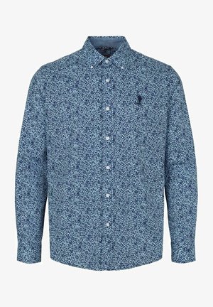 Niebieska koszula na długi rękaw, zapinana na guziki, z małym ciemnym kwiatowym wzorem i kołnierzykiem zapinanym na guziki.