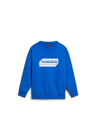Felpa blu realizzata in tessuto morbido, caratterizzata da un design logo rettangolare bianco. Maniche lunghe con polsini e orlo a coste. Forma semplice e moderna.
