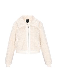 Hvid faux shearling zip-up jakke med krave, lange ærmer, sidelommer og ribbede manchetter og kant.