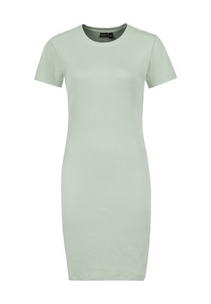 Kurzes, figurbetontes Kleid aus leicht grünem Rippstoff. Rundhalsausschnitt, knielang mit glatter, gleichmäßiger Textur. Keine sichtbaren Muster oder Akzente.