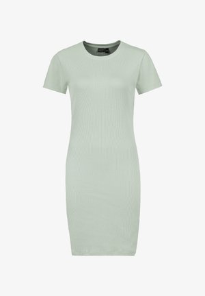 Kurzes, figurbetontes Kleid aus leicht grünem Rippstoff. Rundhalsausschnitt, knielang mit glatter, gleichmäßiger Textur. Keine sichtbaren Muster oder Akzente.