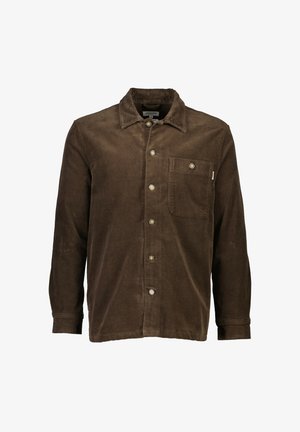 Bruine corduroy shirtjack met kraag, voorgaande knopen en een borstzak; heeft een zachte, textuur oppervlakte.