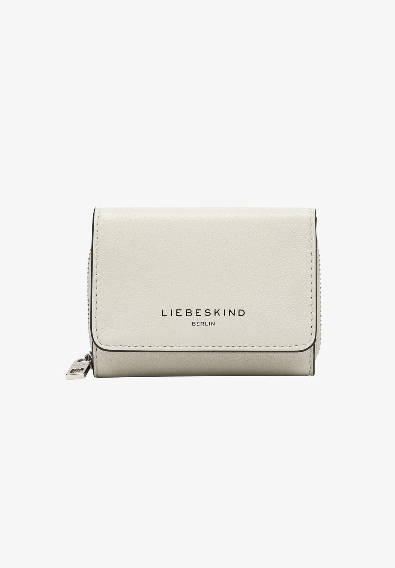 Portefeuille en cuir gris clair de forme rectangulaire, avec une fermeture à rabat, des coutures noires contrastantes et "LIEBESKIND BERLIN" imprimé à l'avant.