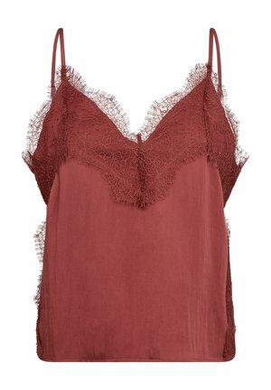 Satin camisole in roestkleur met bloemenkant aan de buste en zijkanten, voorzien van dunne verstelbare schouderbandjes.