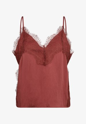 Satin camisole in roestkleur met bloemenkant aan de buste en zijkanten, voorzien van dunne verstelbare schouderbandjes.