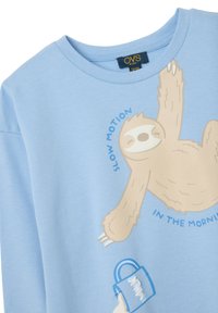Light blue cotton sweatshirt featuring a sloth graphic, "SLOW MOTION IN THE MORNING" text, and a blue lock illustration.