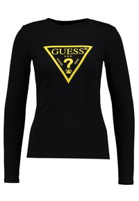 Schwarzes Langarm-T-Shirt mit einem gelben dreieckigen Logo, auf dem der Text "GUESS U.S.A." und ein Fragezeichen-Design in der Mitte zu sehen sind.