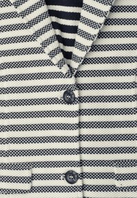 Blazer rayé texturé bleu marine et blanc avec deux boutons noirs et col cranté, gros plan montrant le détail et le motif du tissu.