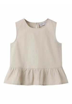 Beiges ärmelloses Oberteil mit rundem Ausschnitt und Rüschensaum, aus leichtem Stoff, mit kleinem Knopfverschluss hinten.