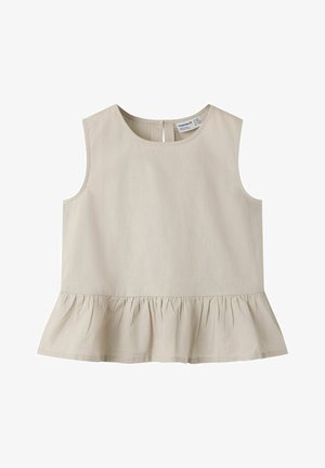 Haut beige sans manches avec encolure ronde et ourlet volanté, en tissu léger, avec une petite fermeture à bouton au dos.