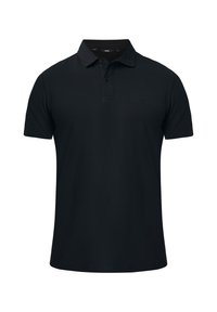 Svart polo skjorta i mjuk bomull, med klassisk krage, tre-knappsslutning och diskret logotypdetalj på bröstet.