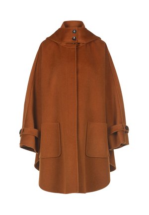 Brown wool coat with a high collar, large front pockets, and rolled sleeves, featuring button accents and a loose, cape-like design.