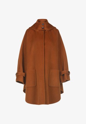 Palton maro din lână cu guler înalt, buzunare mari în față și mâneci răsucite, având detalii cu nasturi și un design lejer, asemănător unei cape.