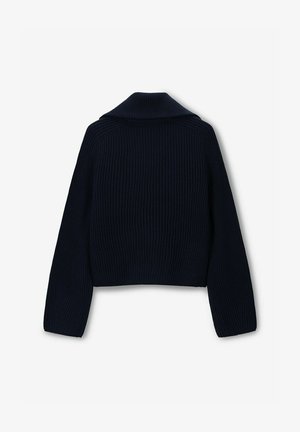 Navyblaues, kurz geschnittenes Sweatshirt mit gerippter Textur, breitem Kragen und langen Ärmeln. Die Nahtdetails verleihen dem Design Struktur.
