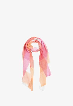 Soft rectangular scarf with a large check pattern in shades of pink, peach, orange, and white, loosely looped at the center.