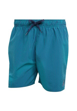 Shorts de bain en tissu léger avec un motif rayé vertical turquoise et bleu marine, taille à cordon ajustable et détail de logo.