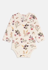 Kermavärinen pitkähihaisen vauvan body, jossa on nepparit ja monivärinen kukkakeväprintti punaisena, violetina, vihreänä ja beigeenä.