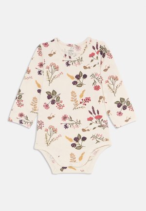 Cream-colored long-sleeve baby bodysuit with snap buttons and multicolored floral and botanical print in pink, purple, green, and beige.