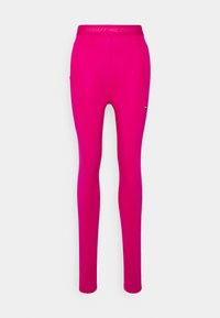 Leggings aderenti fucsia con vita elasticizzata, caratterizzati dal marchio "Tommy Hilfiger" e un piccolo logo sulla coscia superiore.