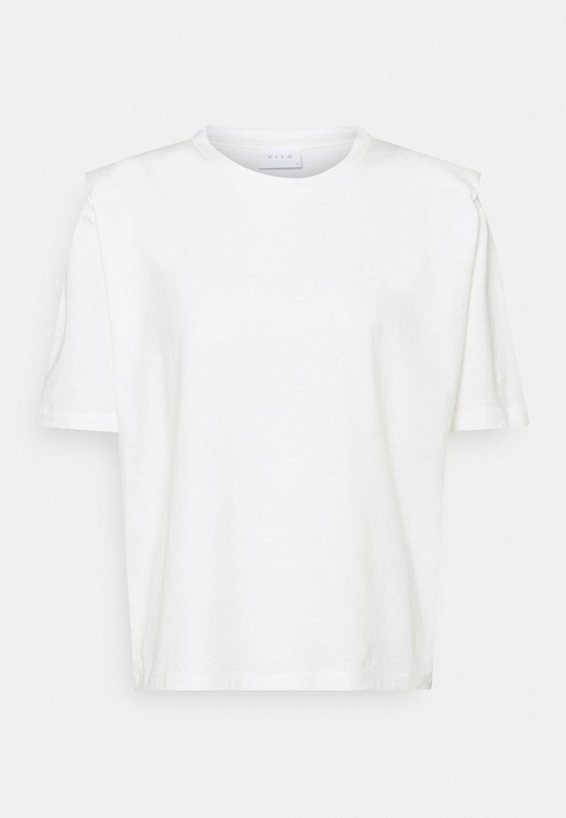 T-shirt blanc en coton avec un col ras du cou, des manches courtes et des coutures d'épaule inclinées. Texture lisse, coupe décontractée, sans motifs ni accents.