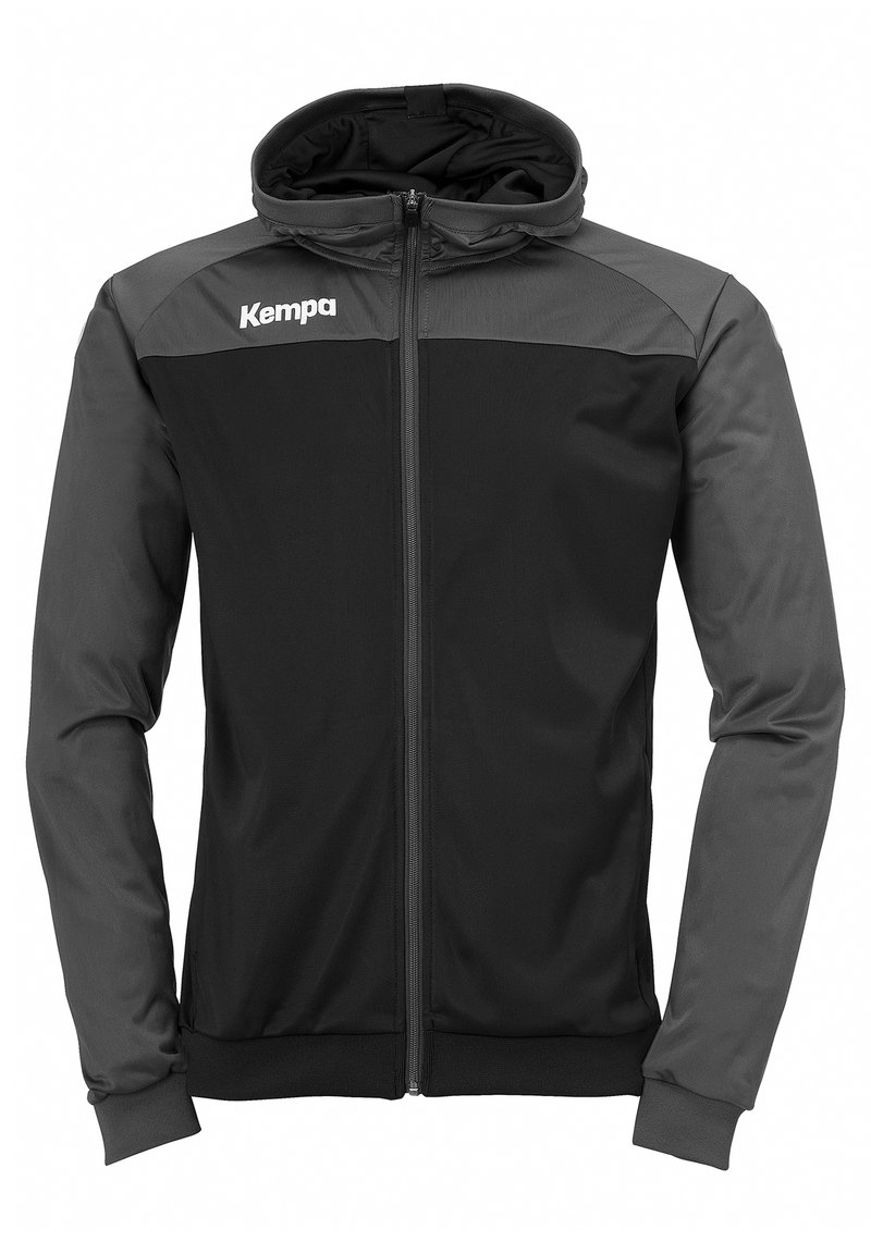 Zwart en grijs zip-up jack met capuchon, met een gladde textuur, contrasterende mouwen en het "Kempa"-logo op de borst.