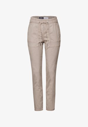 Pantalones de color beige claro hechos de una mezcla de algodón, con una cintura elástica, cordón ajustable y dos bolsillos frontales con costuras visibles.