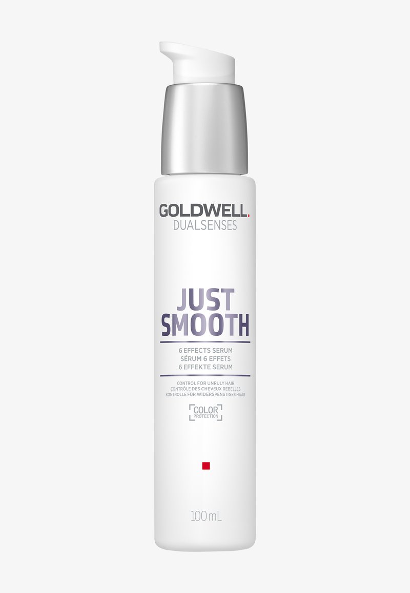 Goldwell Dualsenses Just Smooth 6 Effects Serum für widerspenstiges Haar mit Farbschutz, weiß, 100 ml Pumpflasche.