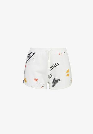 Witte katoenen shorts met een trekkoord, kleurrijke spetterpatronen en grafische tekst. Afgeronde zomen en een ontspannen pasvorm.