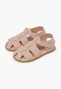 Heledad roosa nahast sandaalid avatud varbaga, millel on ristuv rihma disain ja jalakinnitus Velcro kinnitusega. Pintepõhi.