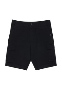 Shorts cargo noirs avec bouton frontal, passants pour ceinture, poches latérales et poches à rabat sur chaque cuisse, présentés sur fond blanc.