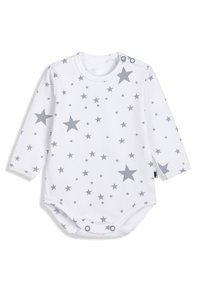 Langærmet baby bodystocking i hvidt bomuld med et gråt stjernemønster. Trykknapper ved skulderen og bunden for nem påklædning.