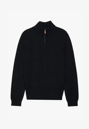 Sweater preto com gola alta e fecho de meia zip, confeccionado em um tecido macio e texturizado. Apresenta punhos e barra canelados.