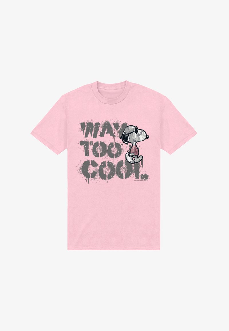 Pink T-shirt with black graffiti-style text "WAY TOO COOL" and a cartoon dog wearing sunglasses and a red shirt sitting sideways.