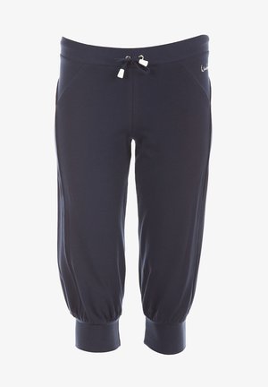 Navy cropped jogger pants made of soft, lightweight fabric, featuring a drawstring waist, side pockets, and elasticized cuffs.