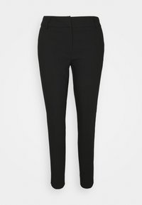 Pantalon noir ajusté, en tissu lisse. Présente une taille plate et aucun motif ni embellissement visible.