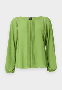 Ανοιχτό πράσινο μπλουζάκι με μακριά μανίκια, πιετέ μπροστά, διακοσμητική κατακόρυφη τρέσα, ελαστικά μανσέτες και στρογγυλή λαιμόκοψη.