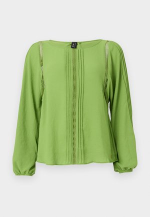 Blusa de manga larga color verde claro con delantero plisado, adorno vertical decorativo, puños elásticos y cuello redondo.