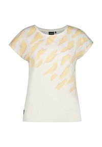 Camisa blanca de manga corta con un patrón abstracto amarillo fluido. Confeccionada en un material suave, con un corte relajado y un escote redondo.