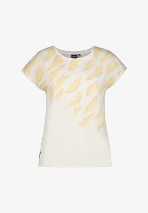 Camicia bianca a maniche corte con un motivo astratto giallo fluido. Realizzata in materiale morbido, ha una vestibilità comoda e un collo tondo.